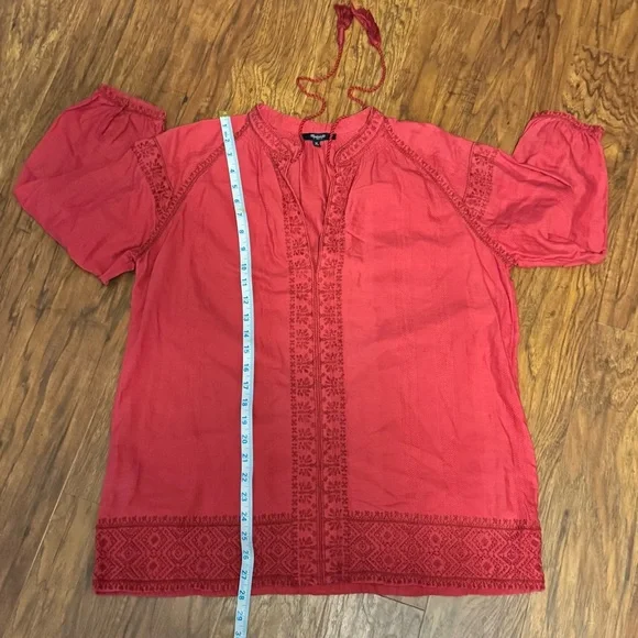 Madewell Red Embroidered Boho Blouse Size Medium Long Sleeve Top - Picture 4 of 11